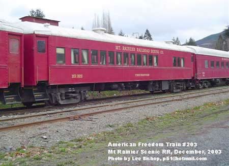 American Freedom Train Car 203 ex Reading 1327, Permacel Express, Springmaid Special, Preamble Express, BC Rail Resolution, Mt Rainier 322